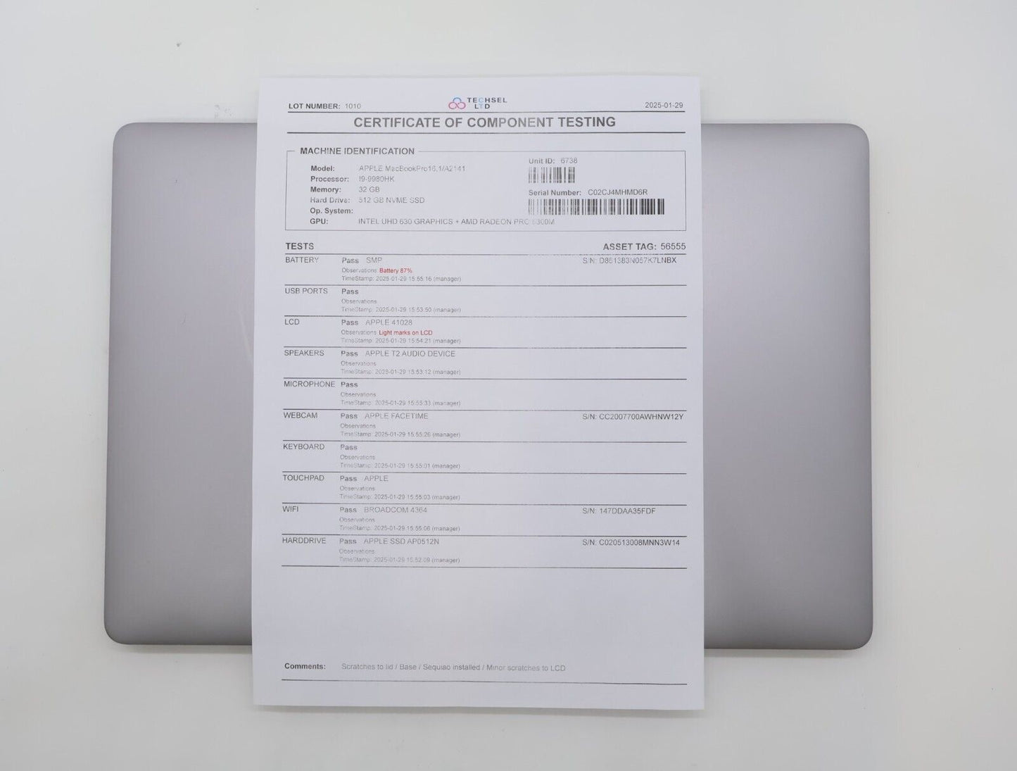 MacBook Pro A2141 16" Laptop 2019 I9-9980HK 2.4GHZ 32GB RAM 512GB AMD